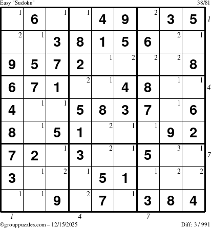 The grouppuzzles.com Easy Sudoku puzzle for Monday December 15, 2025, suitable for printing, with all 3 steps marked