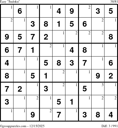 The grouppuzzles.com Easy Sudoku puzzle for Monday December 15, 2025 with the first 3 steps marked