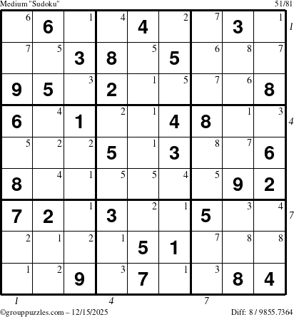 The grouppuzzles.com Medium Sudoku puzzle for Monday December 15, 2025 with all 8 steps marked