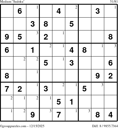 The grouppuzzles.com Medium Sudoku puzzle for Monday December 15, 2025 with the first 3 steps marked