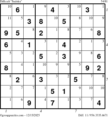 The grouppuzzles.com Difficult Sudoku puzzle for Monday December 15, 2025 with all 11 steps marked