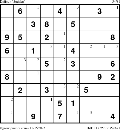 The grouppuzzles.com Difficult Sudoku puzzle for Monday December 15, 2025 with the first 3 steps marked