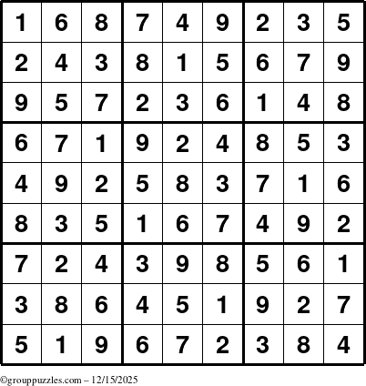 The grouppuzzles.com Answer grid for the Sudoku puzzle for Monday December 15, 2025