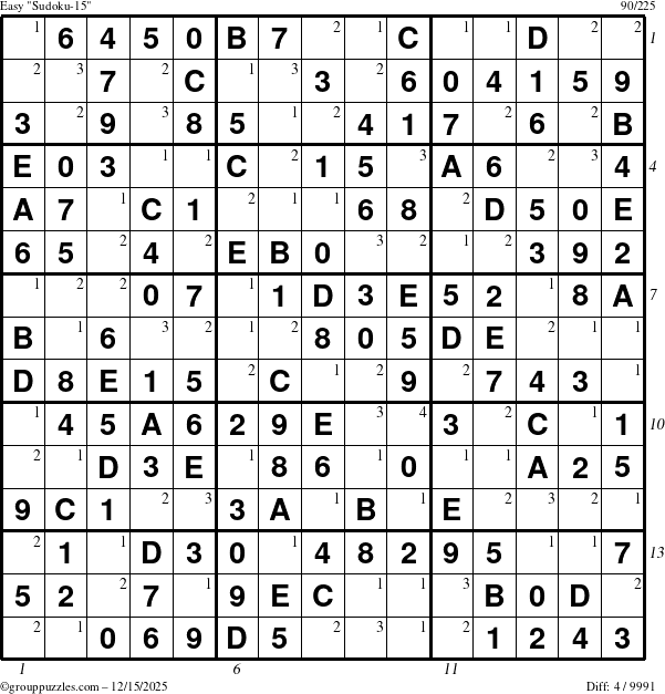 The grouppuzzles.com Easy Sudoku-15 puzzle for Monday December 15, 2025 with all 4 steps marked