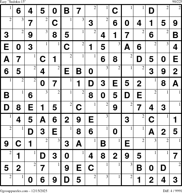 The grouppuzzles.com Easy Sudoku-15 puzzle for Monday December 15, 2025 with the first 3 steps marked