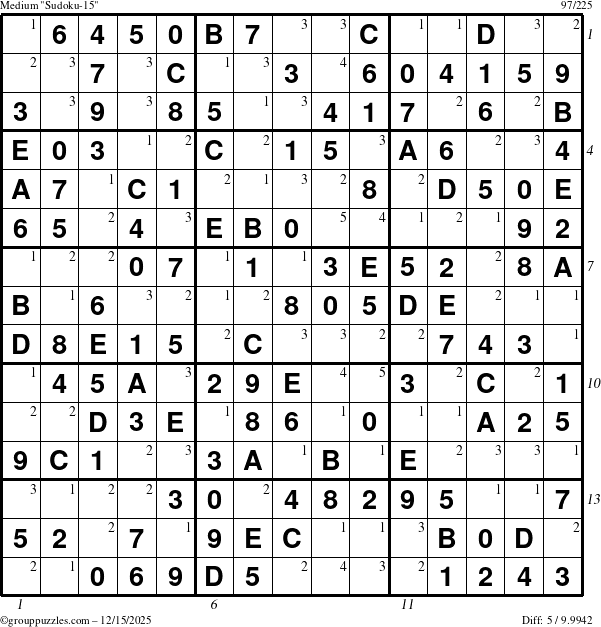 The grouppuzzles.com Medium Sudoku-15 puzzle for Monday December 15, 2025 with all 5 steps marked