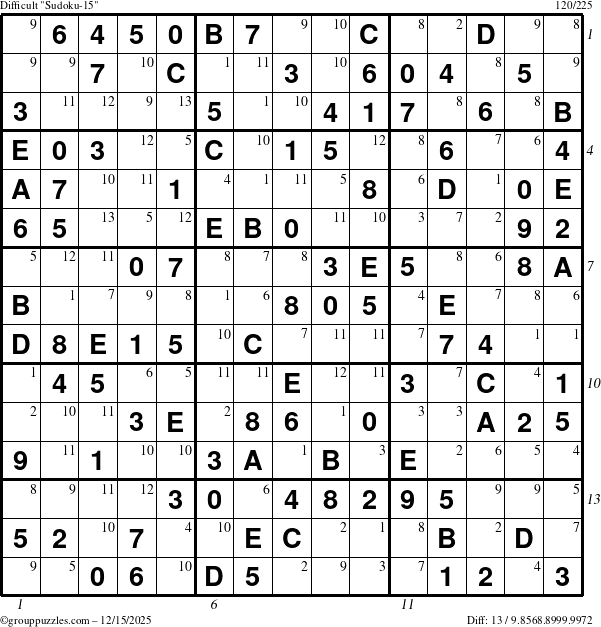 The grouppuzzles.com Difficult Sudoku-15 puzzle for Monday December 15, 2025 with all 13 steps marked