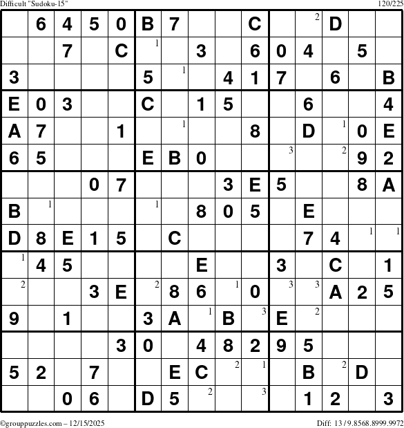 The grouppuzzles.com Difficult Sudoku-15 puzzle for Monday December 15, 2025 with the first 3 steps marked