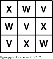 The grouppuzzles.com Answer grid for the TicTac-VWX puzzle for Wednesday June 18, 2025