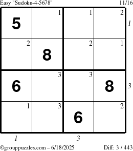 The grouppuzzles.com Easy Sudoku-4-5678 puzzle for Wednesday June 18, 2025 with all 3 steps marked
