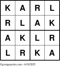 The grouppuzzles.com Answer grid for the Karl puzzle for Wednesday June 18, 2025
