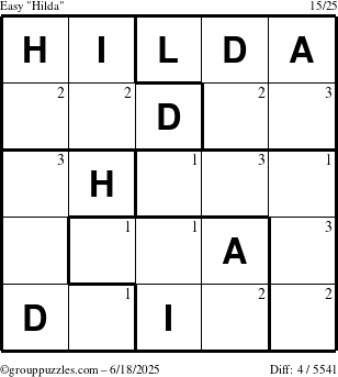 The grouppuzzles.com Easy Hilda puzzle for Wednesday June 18, 2025 with the first 3 steps marked