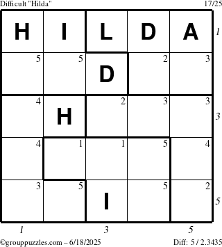 The grouppuzzles.com Difficult Hilda puzzle for Wednesday June 18, 2025 with all 5 steps marked