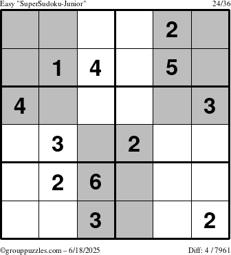 The grouppuzzles.com Easy SuperSudoku-Junior puzzle for Wednesday June 18, 2025