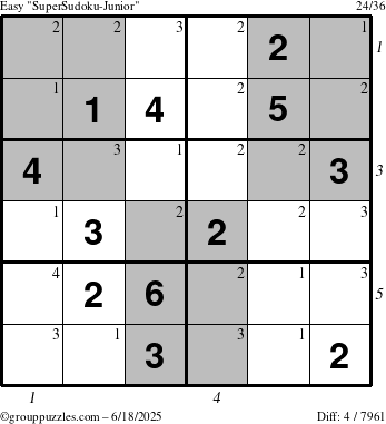 The grouppuzzles.com Easy SuperSudoku-Junior puzzle for Wednesday June 18, 2025 with all 4 steps marked