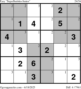 The grouppuzzles.com Easy SuperSudoku-Junior puzzle for Wednesday June 18, 2025 with the first 3 steps marked