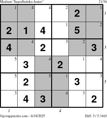 The grouppuzzles.com Medium SuperSudoku-Junior puzzle for Wednesday June 18, 2025 with all 5 steps marked