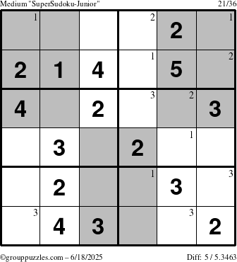 The grouppuzzles.com Medium SuperSudoku-Junior puzzle for Wednesday June 18, 2025 with the first 3 steps marked