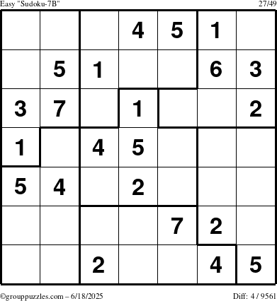 The grouppuzzles.com Easy Sudoku-7B puzzle for Wednesday June 18, 2025