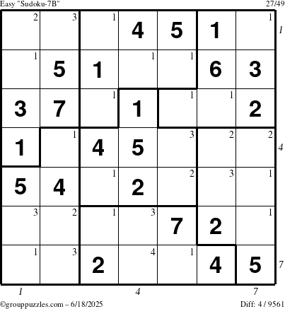 The grouppuzzles.com Easy Sudoku-7B puzzle for Wednesday June 18, 2025 with all 4 steps marked