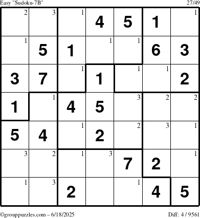 The grouppuzzles.com Easy Sudoku-7B puzzle for Wednesday June 18, 2025 with the first 3 steps marked
