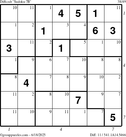 The grouppuzzles.com Difficult Sudoku-7B puzzle for Wednesday June 18, 2025 with all 11 steps marked