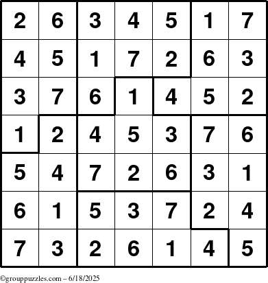 The grouppuzzles.com Answer grid for the Sudoku-7B puzzle for Wednesday June 18, 2025