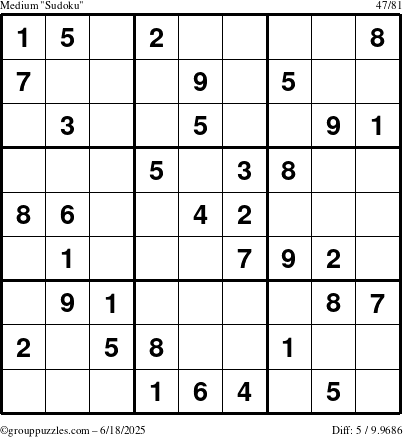The grouppuzzles.com Medium Sudoku puzzle for Wednesday June 18, 2025
