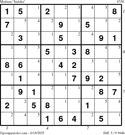 The grouppuzzles.com Medium Sudoku puzzle for Wednesday June 18, 2025, suitable for printing, with all 5 steps marked