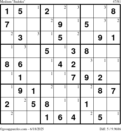The grouppuzzles.com Medium Sudoku puzzle for Wednesday June 18, 2025 with the first 3 steps marked