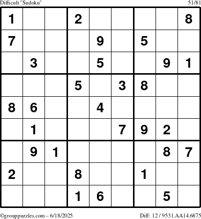 The grouppuzzles.com Difficult Sudoku puzzle for Wednesday June 18, 2025