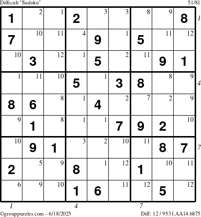 The grouppuzzles.com Difficult Sudoku puzzle for Wednesday June 18, 2025 with all 12 steps marked