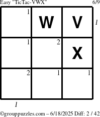 The grouppuzzles.com Easy TicTac-VWX puzzle for Wednesday June 18, 2025 with all 2 steps marked
