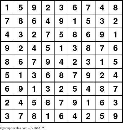 The grouppuzzles.com Answer grid for the Sudoku puzzle for Wednesday June 18, 2025