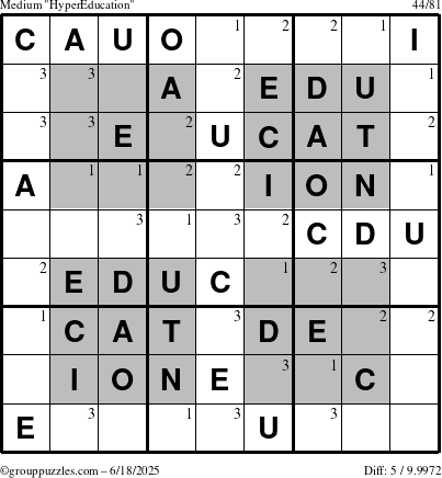 The grouppuzzles.com Medium HyperEducation-i23 puzzle for Wednesday June 18, 2025 with the first 3 steps marked