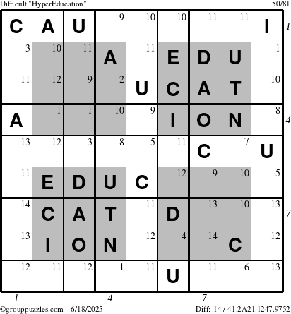 The grouppuzzles.com Difficult HyperEducation-i23 puzzle for Wednesday June 18, 2025, suitable for printing, with all 14 steps marked