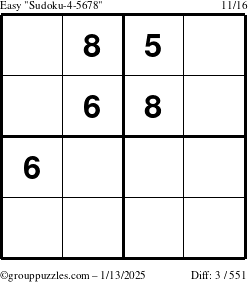 The grouppuzzles.com Easy Sudoku-4-5678 puzzle for Monday January 13, 2025