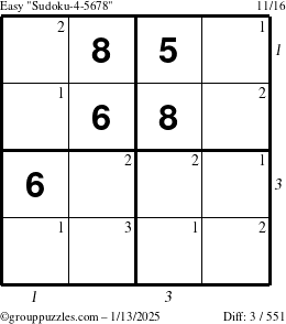 The grouppuzzles.com Easy Sudoku-4-5678 puzzle for Monday January 13, 2025, suitable for printing, with all 3 steps marked