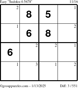 The grouppuzzles.com Easy Sudoku-4-5678 puzzle for Monday January 13, 2025 with the first 3 steps marked