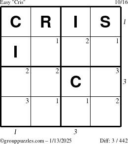 The grouppuzzles.com Easy Cris puzzle for Monday January 13, 2025 with all 3 steps marked