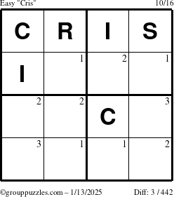 The grouppuzzles.com Easy Cris puzzle for Monday January 13, 2025 with the first 3 steps marked