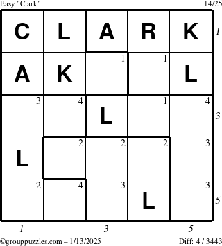 The grouppuzzles.com Easy Clark puzzle for Monday January 13, 2025 with all 4 steps marked