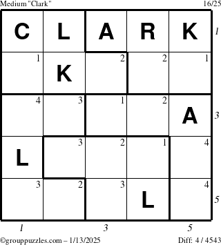 The grouppuzzles.com Medium Clark puzzle for Monday January 13, 2025 with all 4 steps marked