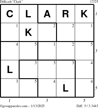 The grouppuzzles.com Difficult Clark puzzle for Monday January 13, 2025 with all 5 steps marked