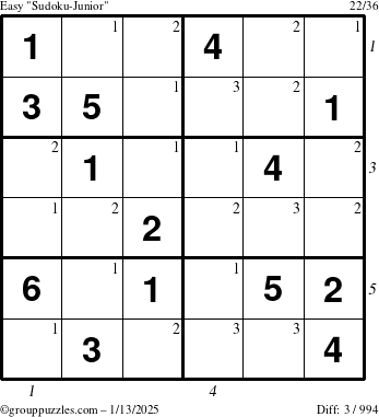 The grouppuzzles.com Easy Sudoku-Junior puzzle for Monday January 13, 2025 with all 3 steps marked