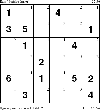 The grouppuzzles.com Easy Sudoku-Junior puzzle for Monday January 13, 2025 with the first 3 steps marked