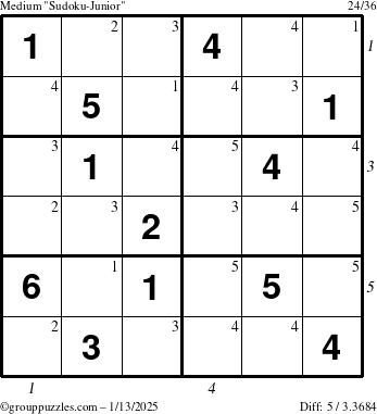 The grouppuzzles.com Medium Sudoku-Junior puzzle for Monday January 13, 2025, suitable for printing, with all 5 steps marked