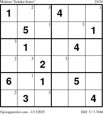 The grouppuzzles.com Medium Sudoku-Junior puzzle for Monday January 13, 2025 with the first 3 steps marked