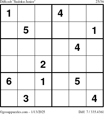 The grouppuzzles.com Difficult Sudoku-Junior puzzle for Monday January 13, 2025