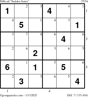 The grouppuzzles.com Difficult Sudoku-Junior puzzle for Monday January 13, 2025 with all 7 steps marked